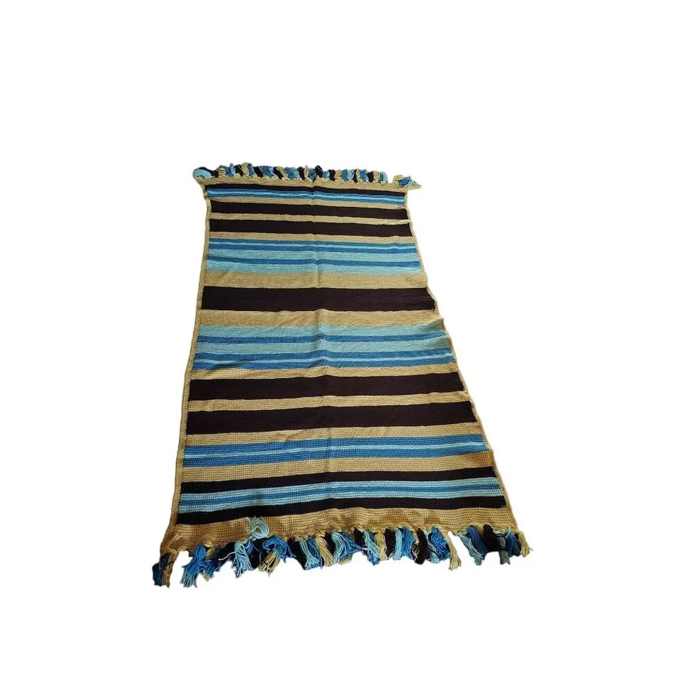 Handwoven Striped Throw‎ Blanket With Fringe - Blue Black Yellow - 60